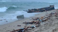 A shipwrecked boat that washed up on the coast of Calabria
