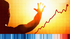 Graphic showing a person facing a hot sun and a line chart trending upwards