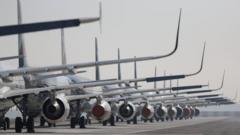 Passenger planes parked on a runway on 26 May