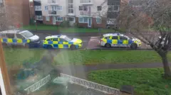 Seen through an upstairs window, two police cars and a van parked on the street next to a grass verge and opposite a block of flats. 