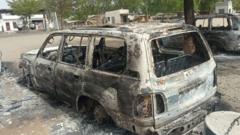 A burnt out Monguno, Nigeria - following the attack by militants on 13 June 202