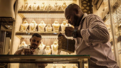 Dans une bijouterie, deux hommes rangent des liasses de billets