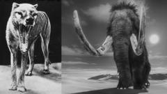 A thylacine has it's mouth open showing its teeth next to an image of a woolly mammoth