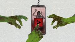 An animation showing three diseased hands reaching for a mobile phone inside which a woman is trapped