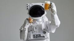 An Astronaut with a Cup of Beer and Hamburger