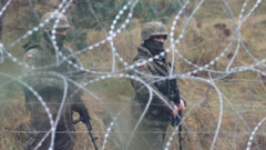Polish troops behind barbed wire border fence