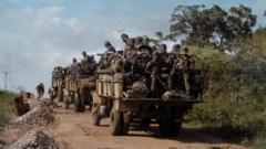 A convoy of Indian troops moves towards Jaffna Town, on october 15, 1987 from Elephant Pass, 25 miles south of the revel bastion under siege by Indian peace keeping forces, during the Sri Lankan Civil War and despite the Indo-Sri Lanka Peace Accord was signed on 29 July 1987