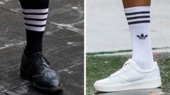 A Thom Browne sock and an Adidas sock