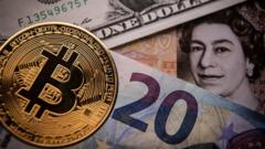 Bitcoin token UK, US and euro bank notes.