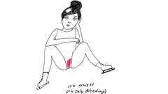 Dibujo de una patinadora sentada con las piernas abiertas y sangre con la leyenda: 'Está bien. (Sólo estoy sangrando)'