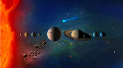 ภาพจำลองระบบสุริยะซึ่งประกอบด้วยดวงอาทิตย์ ดาวเคราะห์บริวารทั้งแปด และแถบดาวเคราะห์น้อย