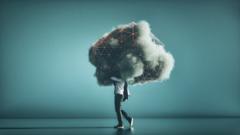 Concept image of a man waking with a big data cloud covering his head - teal background
