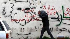 رجل ليبي يمرّ بجانب حائط مليء برسومات عن الثورة في ليبيا والشهداء
