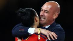 Luis Rubiales embraces Jenni Hermoso after Spain win the Women's World Cup