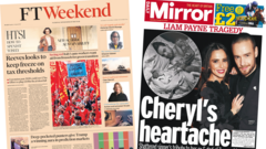 The Papers: Reeves’ plan for ‘freeze on tax thresholds’ and ‘Cheryl’s heartache’ over Liam