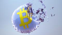 Balão com símbolo do bitcoin estourando