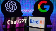 Google Bard VS OpenAI ChatGPT displayed on Mobile with Openai and Google logo on screen seen in this photo illustration