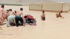 Дюди в затопленно селении в Пакистане
