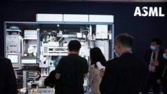 ASML's EUV lithography machine is on display during the 4th China International Import Expo (CIIE) at the National Exhibition and Convention Center (Shanghai) on November 7, 2021 in Shanghai, China.