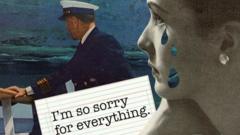 Illustration showing a man in naval uniform looking out to sea while a woman with tears on her face looks on wistfully, with the text, "I'm so sorry for everything"