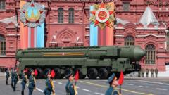 A Russian Yars intercontinental ballistic missile launcher drives during a Victory Day military parade on Red Square in Moscow, Russia, 09 May 2023