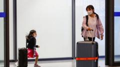 Passengers, part of the first tourist group from Thailand, arrive at Taoyuan International Airport in Taoyuan on October 13, 2022, after Taiwan reopened its borders by ending mandatory Covid quarantine for arrivals.