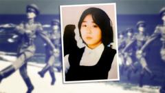 A composite image showing a picture of a Japanese 13-year-old, Megumi Yokota, superimposed over North Korean soldiers marching