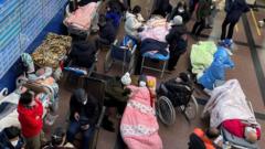 Patients lie on beds and stretchers in a hallway in the emergency department of a Shanghai hospital