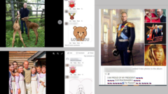 Three screenshots from pro-Putin groups. One shows him feeding a baby deer, one surrounded by young girls in traditional costume and a third in military uniform.