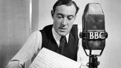 BBC radio announcer Robert Dougall at the microphone