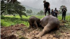 เจ้าหน้าที่กู้ภัยได้ช่วยชีวิตช้างและลูกช้างที่ตกลงไปในหลุมในประเทศไทยได้สำเร็จ เจ้าหน้าที่ต้องใช้เครนเคลื่อนย้ายแม่ช้างไปไว้ในที่ปลอดภัย หลังพยายามลงไปช่วยลูก