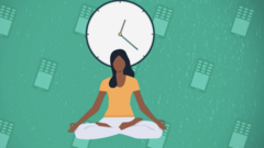 Woman sitting in a yoga position in front of a clock