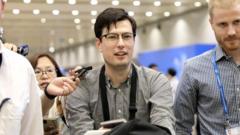 Alek Sigley at the airport