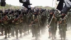 New recruits belonging to the al-Shabaab militant group marching during a passing out parade at a military training base in Afgoye