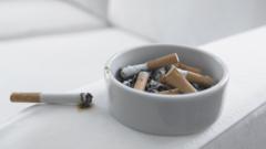 Cigarro e cinzeiro em cima de um sofá
