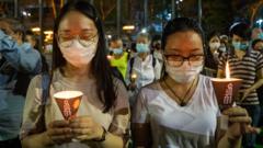 香港維多利亞公園兩名手持燭光的女示威者為北京「六四」事件死難者默哀（4/6/2020）