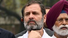 Congress MP Rahul Gandhi with other opposition MPs during a protest over the Adani issue, at Parliament House complex, on March 17, 2023 in New Delhi, India.