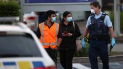 Police escort people from LynnMall to their cars after a violent extremist took out a terrorist attack stabbing six people before being shot by police on September 03, 2021 in Auckland, New Zealand