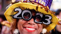 A person wears 2023 glasses during New Year celebrations in Times Square during the first New Year's Eve event without restrictions since the coronavirus disease (COVID-19) pandemic in the Manhattan borough of New York City, New York,