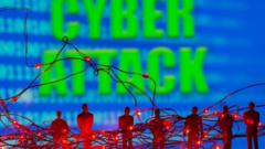 LED lights and toy figures are seen in front of displayed binary code and words "Cyber attack" in this illustration taken, July 5, 2021.