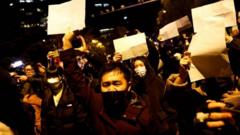 在北京，抗议者举着白纸表达他们的不满