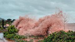 Stormy conditions turn sea pink