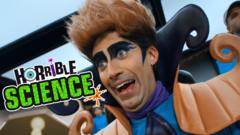 Horrible Science character on a rollercoaster, looking scared. Horrible Science logo to his left