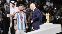 Emir of Qatar dey wia di bisht on top Lionel Messi