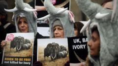 Para pengunjuk rasa berpakaian gajah melakukan demonstrasi menentang perdagangan gading di London, Inggris.