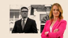 A black and white image of Andy Burnham with No.10 behind. To the right is Laura Kuenssberg in a pink blazer with her arms crossed. There is also a lozenge which says BBC InDepth
