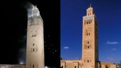 Debu berterbangan dari atas Masjid Kutubiyya [kiri] di Marrakesh saat tanah bergetar. Di sebelah kanan adalah foto dari sudut yang sama, diambil sebelum gempa [kanan]