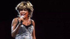 Tina Turner cantando, usando vestido prata
