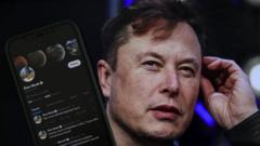 Profil twitter Elon Musk ditampilkan di ponsel dan gambarnya terlihat di layar komputer di belakangnya