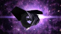 a graphic picture of what the nancy grace roman telescope would look like in space, surrounded by galaxies